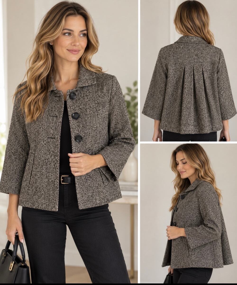 Michael Kors Herringbone Tweed Swing Jacket 3 Button Brown Gray S/P